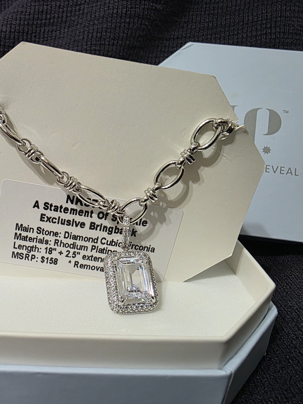Rhodium-Plated Emerald-Cut Pendant Necklace w/ Diamond CZ
